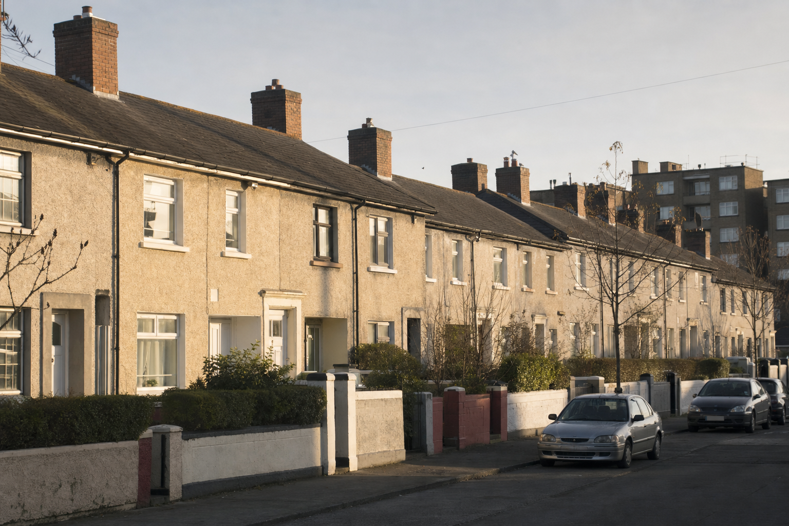 A row of inter-war pebble-dash terraced houses in Dolphin's Barn, Dublin 8, on a quiet weekday afternoon