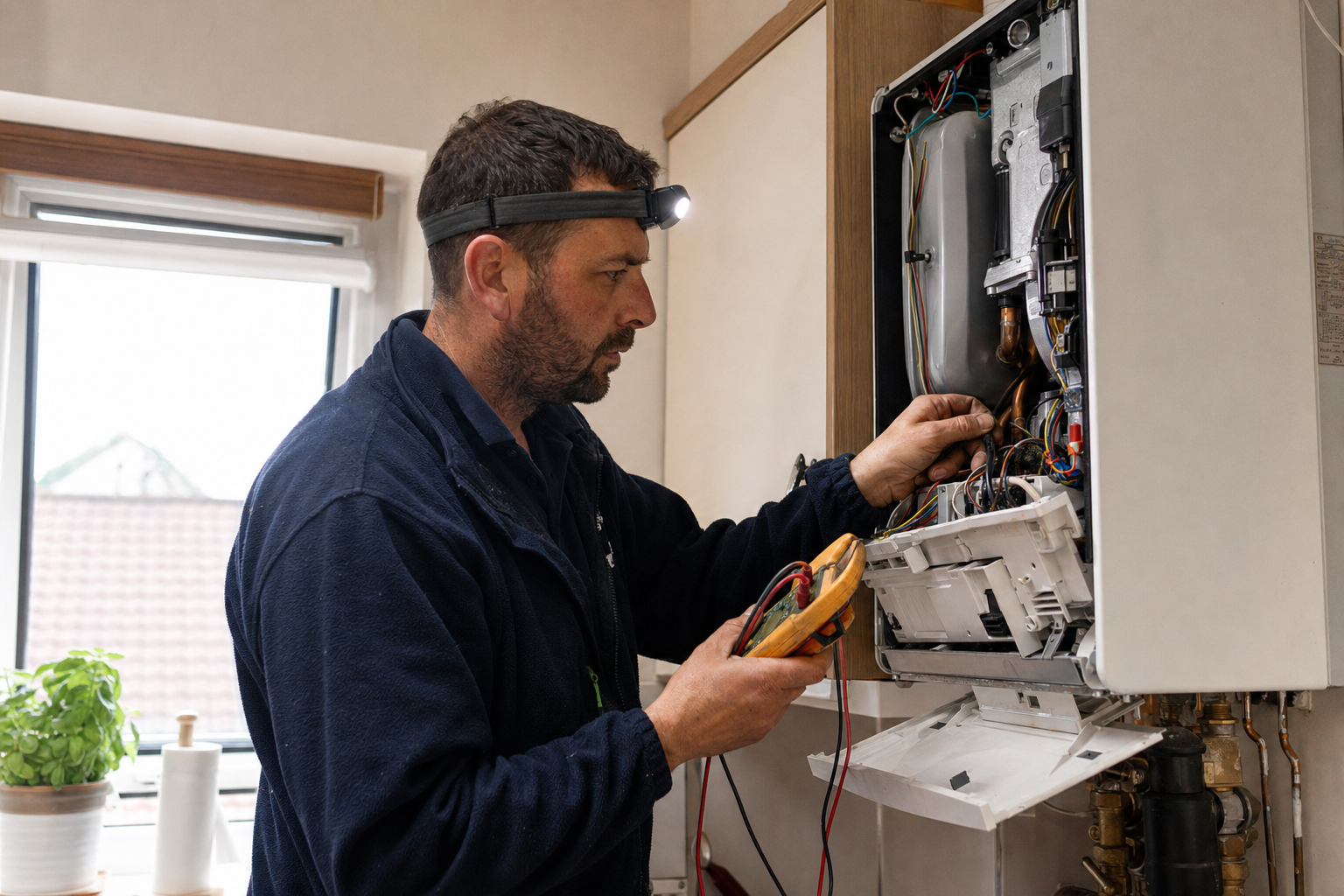 Boiler engineer with headlamp using a multimeter to diagnose a wall-mounted combi boiler